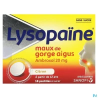 Lysopaine maux de gorge ambroxol citron 20mg sans sucre pastille 18 | Aesiel